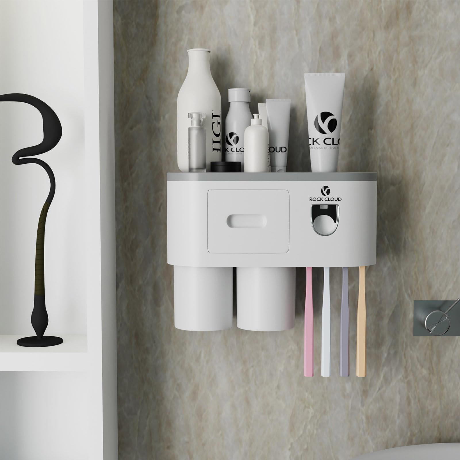 ROCK CLOUD 歯ブラシホルダー 歯ブラシスタンド 歯ブラシラック 壁掛け 歯ブラシ立て おしゃれ 歯磨き コップ 歯磨きスタンド 洗面所 収納 自動歯磨き粉ディスペンサー付き コップ立て 歯ブラシたて 磁気カップ付き トイレタリー収納 穴あけ不要 うがいコップ