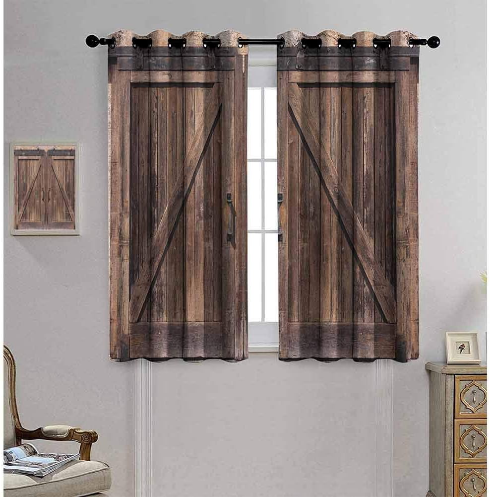 Anmaseven Grommet Window Curtains 42X63 Inches Rustic,Wooden Barn Door
