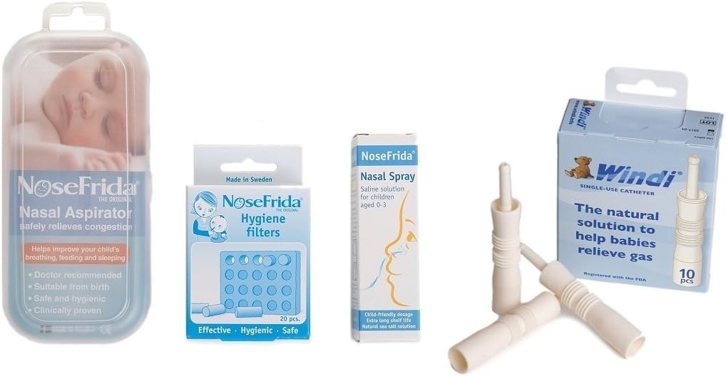 NOSEFRIDA Bundle Pack Plus WINDI (Includes 1 x NHS Approved Nosefrida Aspirator, 1 x Nosefrida Nasal Spray, 1 x NHS Approved Nosefrida Spare Filter) Plus 1 x windi