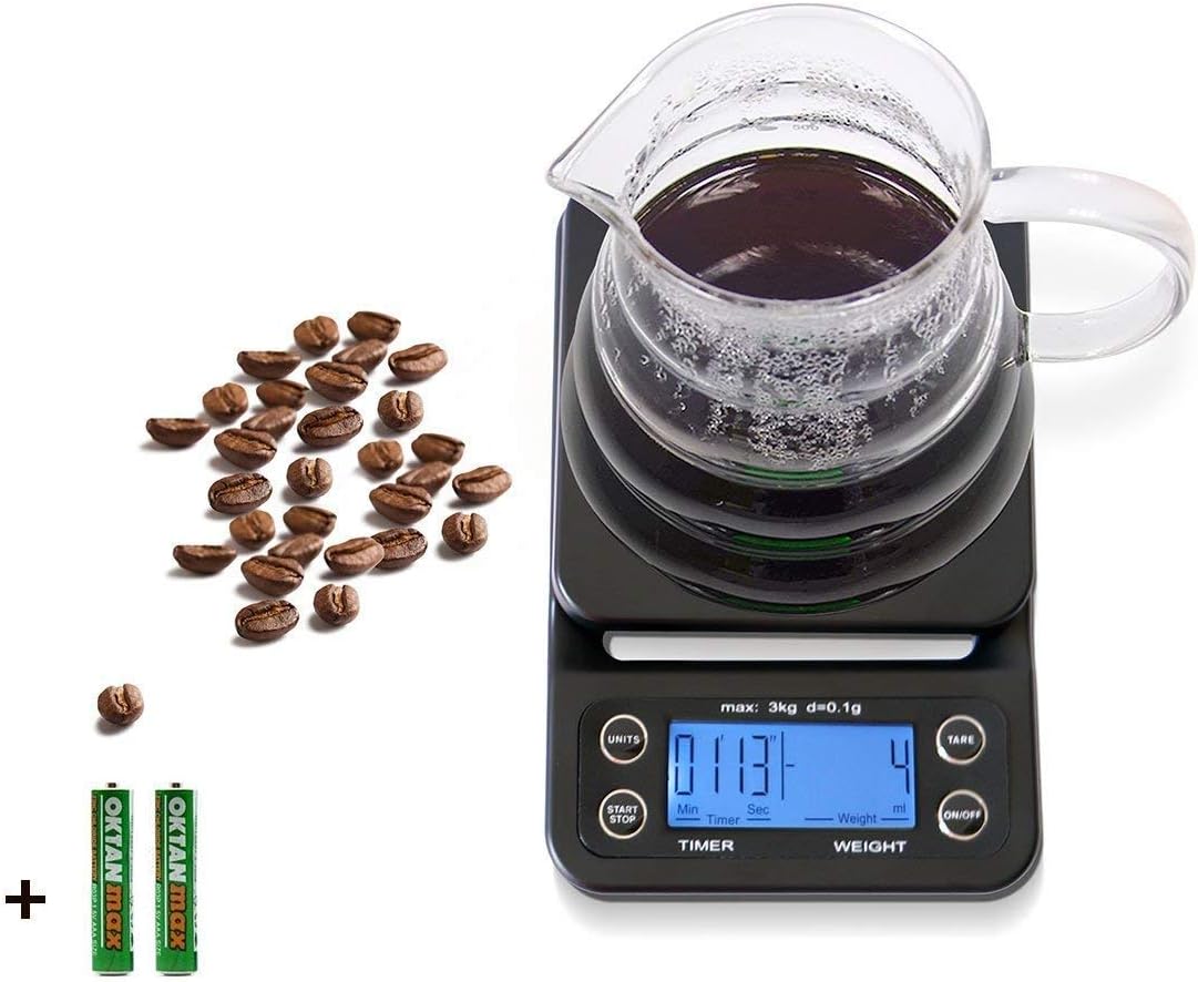 HuiSmart Digital Coffee Scale with Timer and Tare Function 0.1g, Multifunctional Kitchen Scales Food Scales 6.6lb/3kg, LCD W/Blue Backlit,Batteries Included,Black …