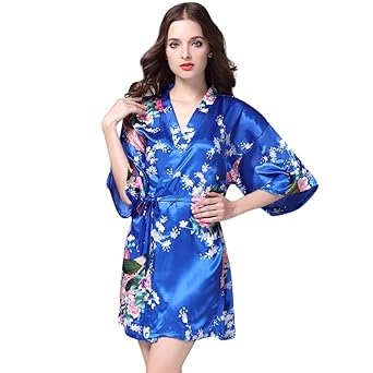Lonshell Damen Japanisch Stil Kimono Geblümt Drucken Kurz Robe Satin Morgenmantel Bademantel mit Gürte Nachtwäsche Schlafrock