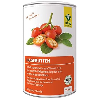 Raab Vitalfood Bio Hagebutten-Pulver, ohne Zusätze, vegan, mit natürlichem Vitamin C für eine normale Kollagenbildung und ein