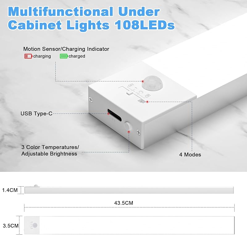 Unterbauleuchte Küche LED 43.5CM, 2 Stück 3 Farbmodi Dimmbar Schrankbeleuchtung, 108LEDs küchenlicht Bewegungsmelder Innen Lampe 2500mAh USB Wiederaufladbar, Leiste Für Regale, Kleiderschrank