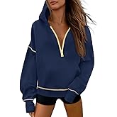 Fisoew Womens Half Zip Hoodies Casual Long Sleeve Contrast Stitch Loose Fall Sweatshirts Pullover Tops Navy