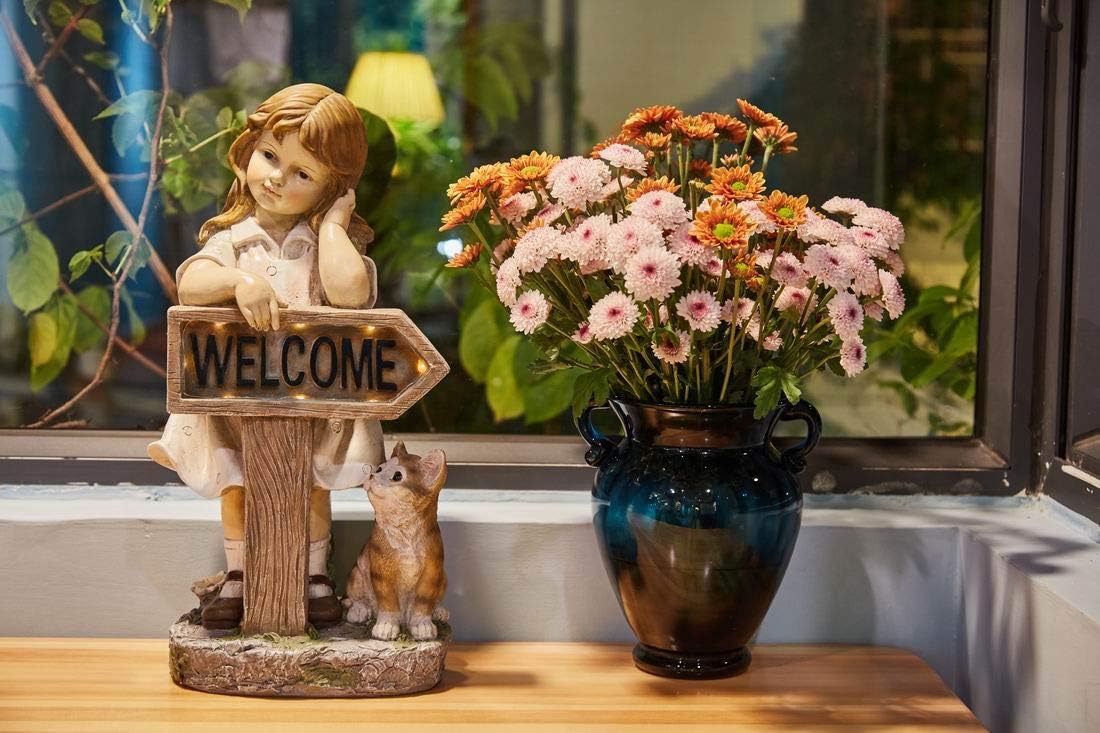 Outdoor Girl Garden Statue with Solar LED Lights, Children with Cat Statue Welcome Sign Garden Statues for Home Decor, Great for Porch, Patio, Yard Art Decorations, Cat Memorial Statues, Polyresin: Home Improvement