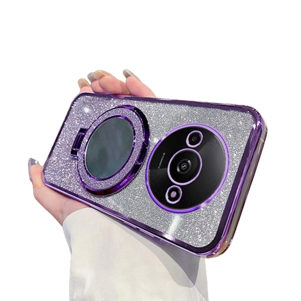IMEIKONST Glitter Case for Redmi A3, Plated Flash Shell Makeup Mirror Ring Stand Function Camera Protector Shockproof Transparent TPU Cover for Redmi A3. Purple DSJ