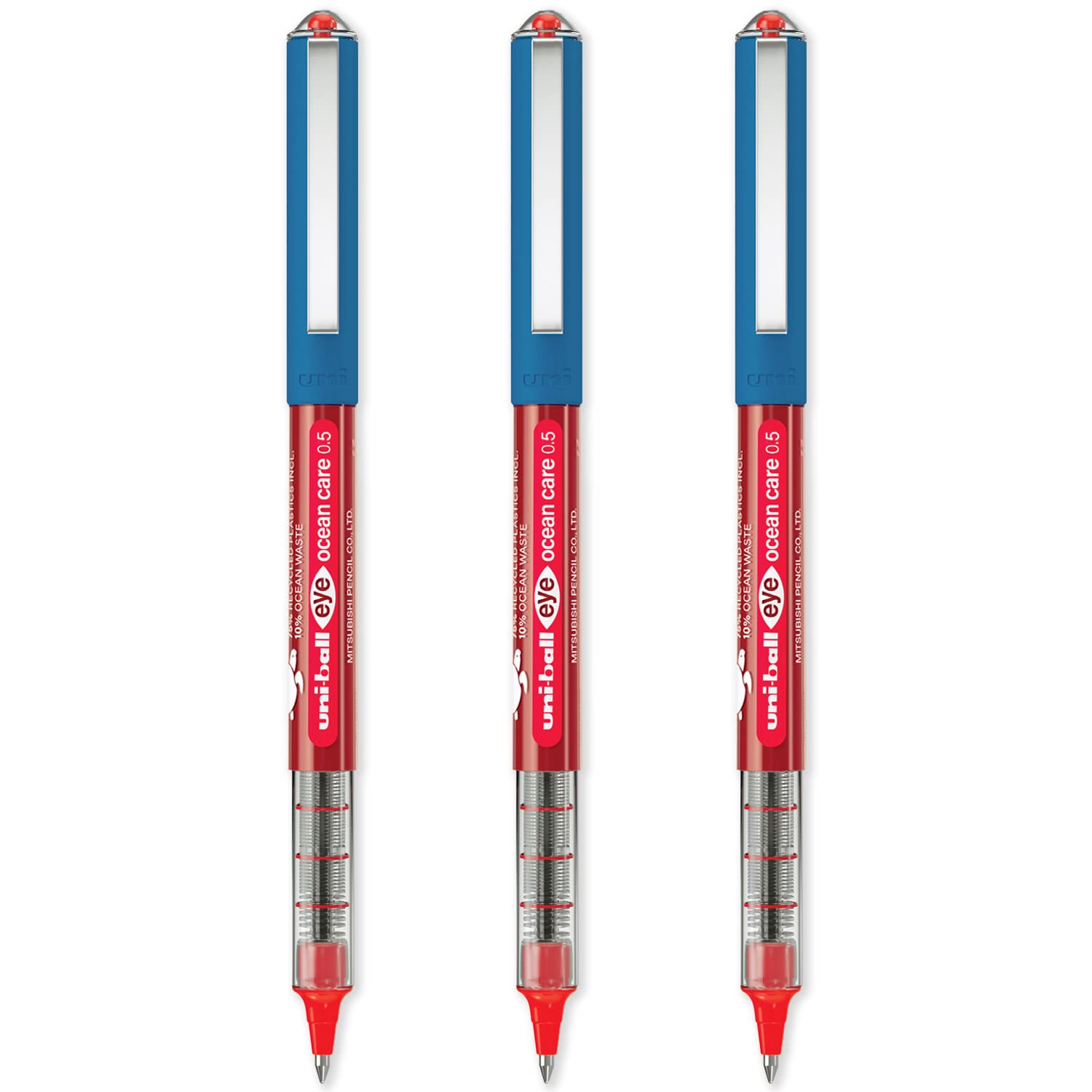 uni-ball Eye Ocean Care UB-150ROP Rollerball Pens - Micro 0.5mm Ballpoint Tip for Super Smooth Writing, Drawing, Art, Crafts and Colouring - Fade and Water Resistant - Pack of 3 Red Ink