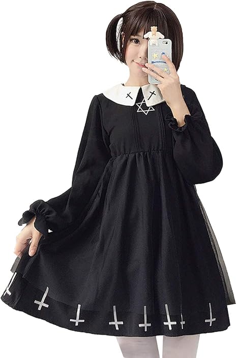Amazon 日常洋服長袖星空ゴスロリワンピース 人形師 ドレス ロリィタ Op 膝丈 Lolita ロリータファッション コスプレ ロリータ服 ワンピース クラゲ 森ガール半袖 レディース 黒 魔女 十字架 クロス 2色 レース 可愛い お嬢様 姫系 復古風少女ワンピ ゆったり 暗黒系