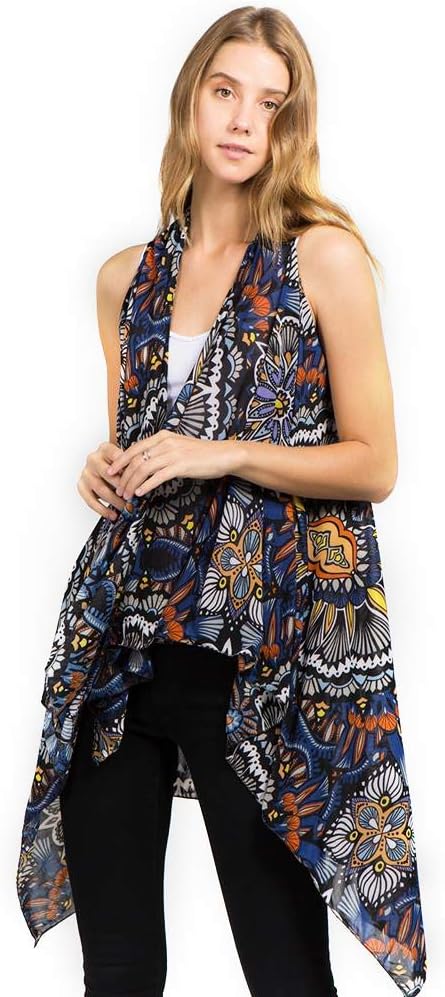 CCFW Various Pattern Long Scarf Vest with Uneven Open Asymmetrical Hem Vest Cardigan