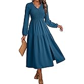 Dokotoo Fall Dresses for Women 2025 Long Sleeve V Neck Smocked Empire Waist Ruffle Tiered Casual Split Maxi Dress