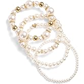 Mikovivi 4pcs Pearl Bracelets for Women, Multilayered White Simulated Pearl Beaded Bracelet Set Stackable Stretchy Dainty Bridal Jewelry with Heart Charms for Wedding Birthday Party