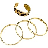 Chunky Gold Bangle Bracelet for Women, Leopard Print Bond Touch 4Pcs Set Stack Statement Bracelets Cheetah Gold Jewelry Stackable Cuff Gift
