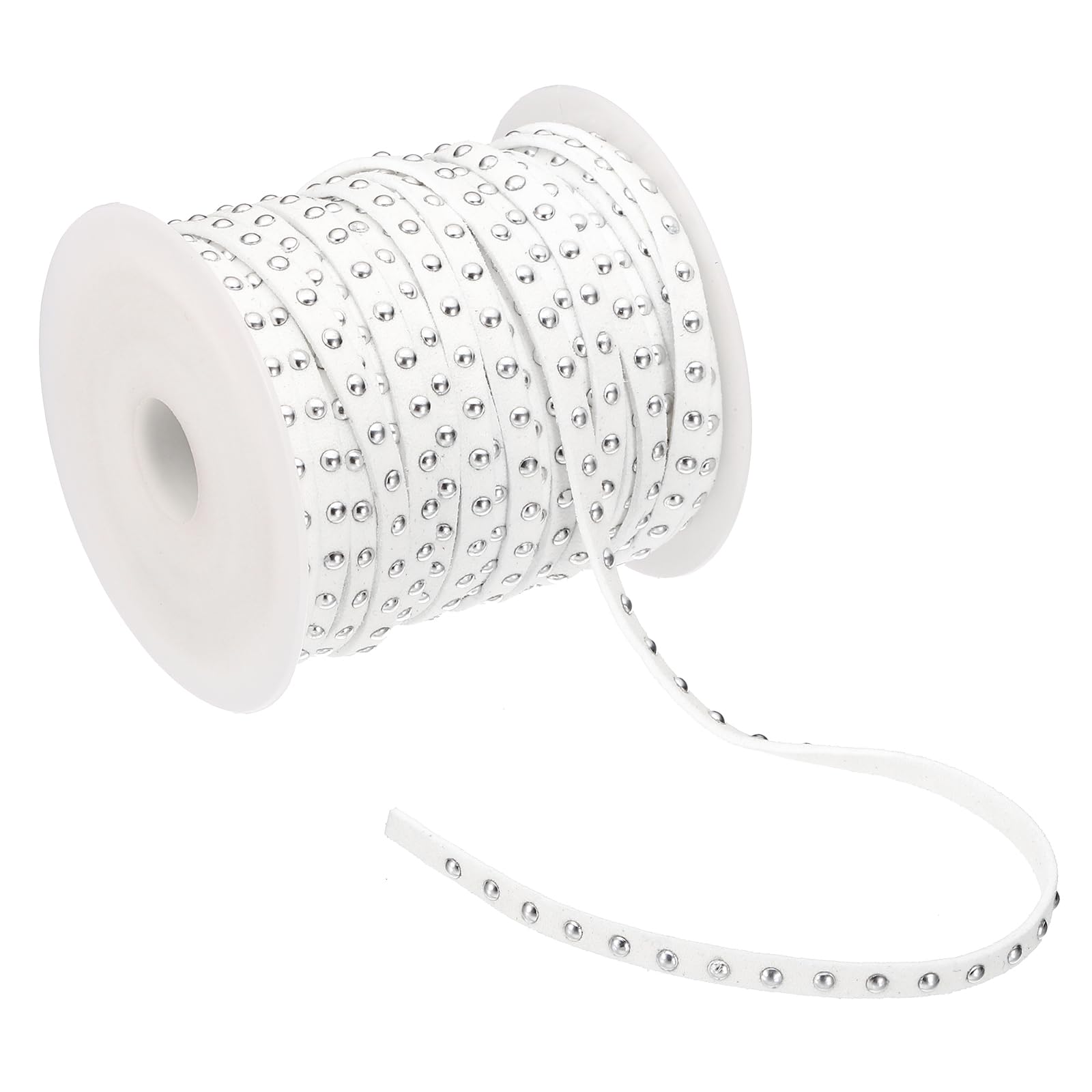 PATIKIL 65.6ft Studded Faux Suede Cord Rope for Jewelry Making, 5mm Micro Fibre Flat Leather Lace Beading String Ribbon with Rivets, White Silver