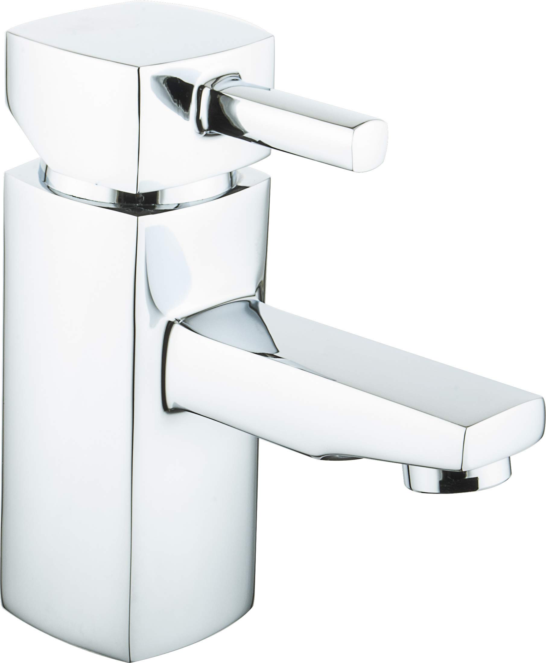 VeeBath OMR70 Oldham Soft Square Mono Basin Mixer Tap Brass with Spring Plug Push Button Waste 1/2" BSP Fitting and Flexi Pipes-Chrome