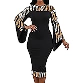 Oxgmoky Women's African Print Dress Work Business Bodycon Long Sleeve Round Neck Pencil Dresses