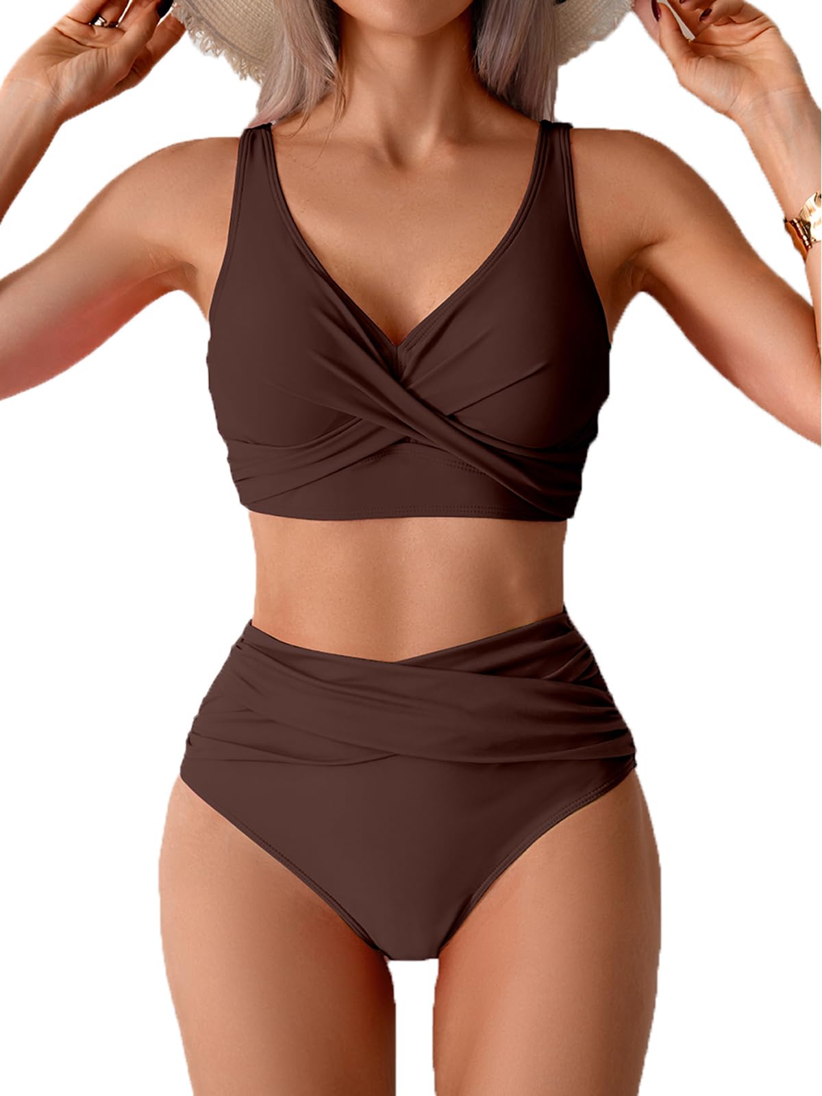Photo 1 of Fanuerg Women High Waisted Bikini Sets V Neck Cross Twist Front Two Piece Swimsuit Tummy Control Bathing Suit Coffee Brown XXL