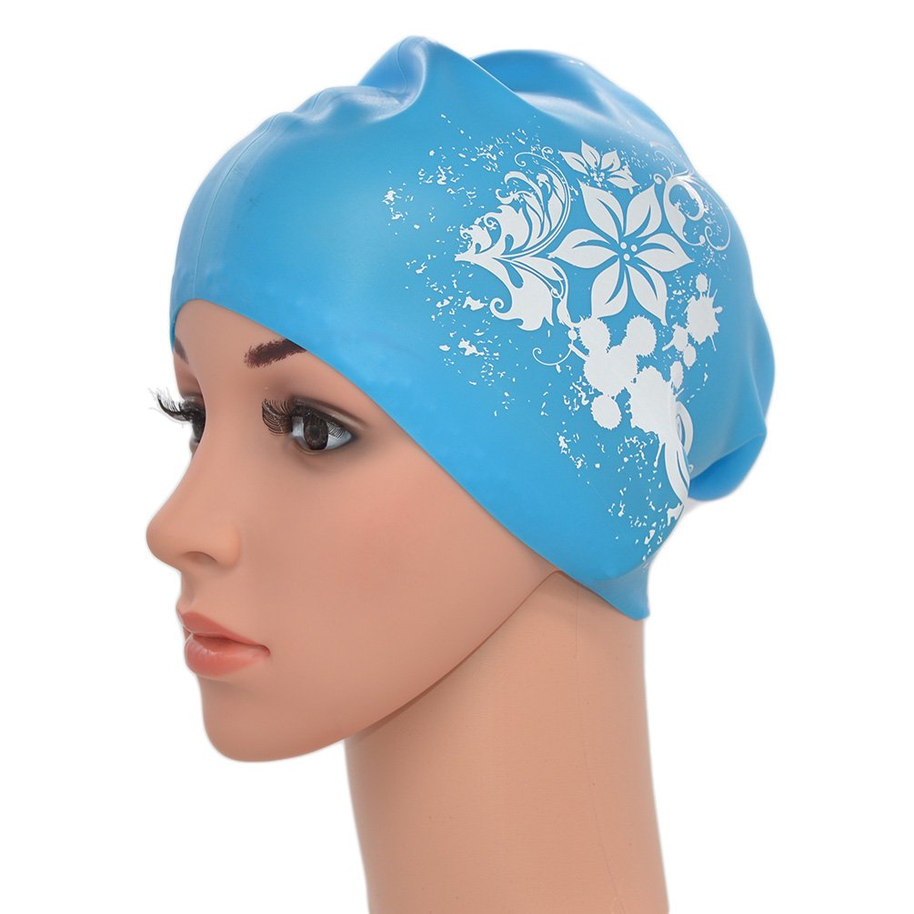 Medifier Women Ladies Flower Print Elastic Silicone Water Pool Swimming Hat Cap Ear Wrap Hat for Long Hair Adults(Sky blue)