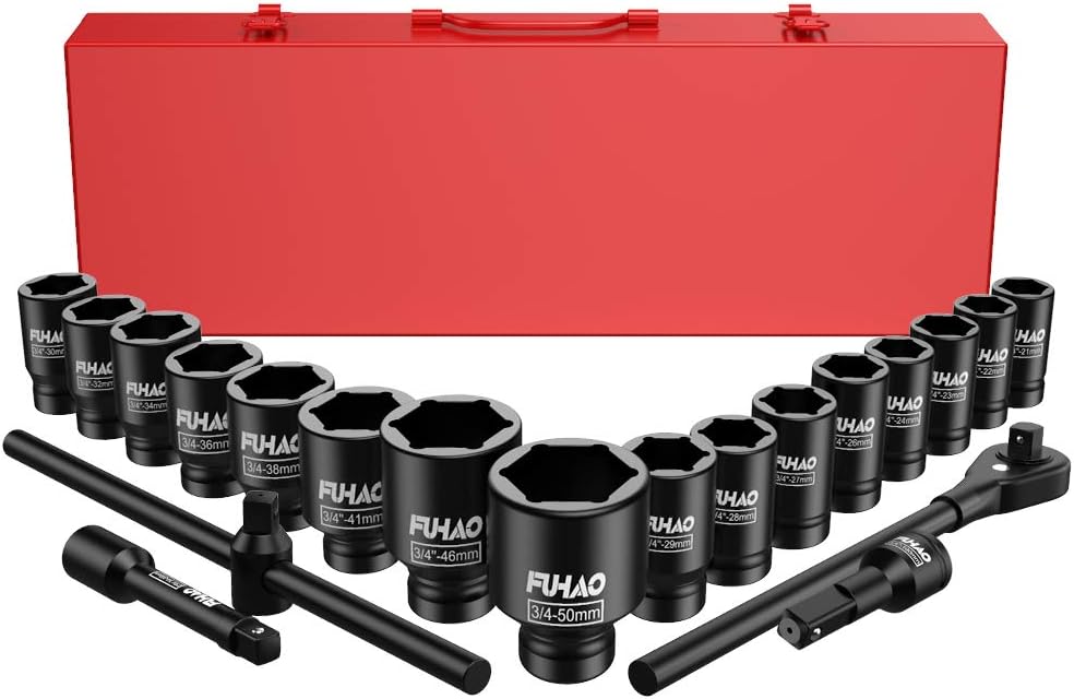 Anbull 3/4" Drive Jumbo Impact Socket Set, 21 Piece Shallow Socket Assortment, 6Point Standard