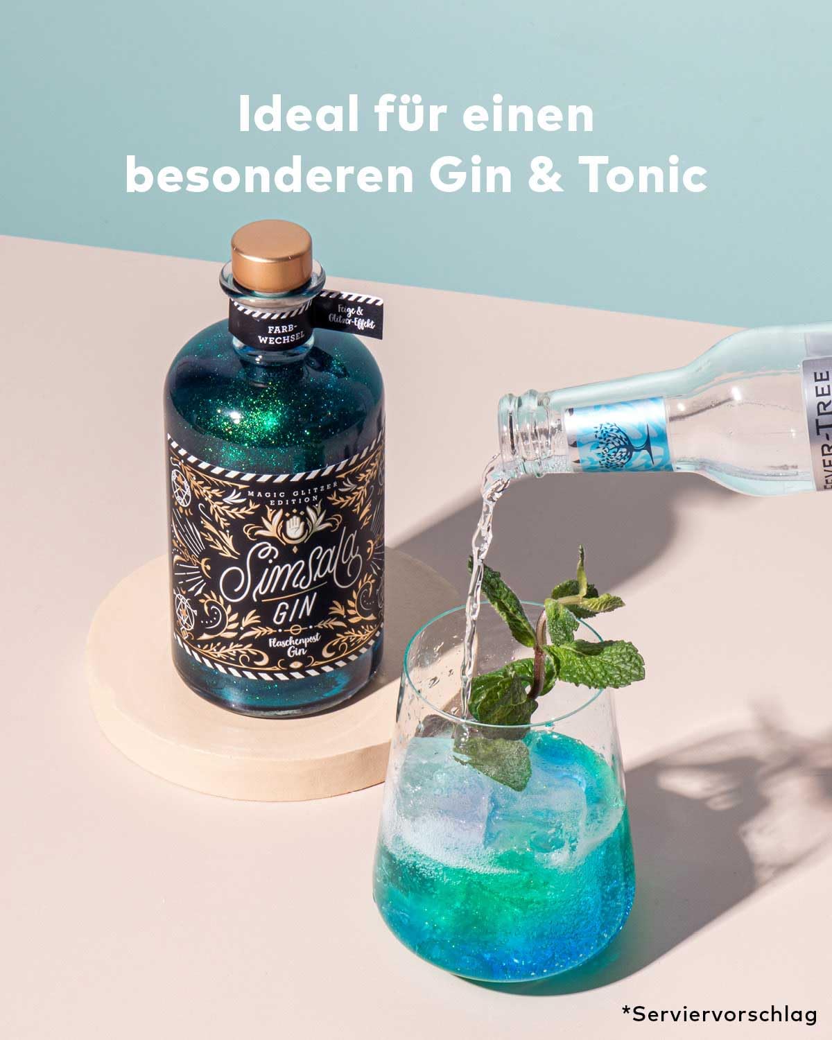 SIMSALA GIN MIT GLITZER by Flaschenpost – Handmade Zauber Gin mit Glitzer & Farbwechsel von blau zu grün verfeinert mit Feige – Limited Edition (0,5 l) 3