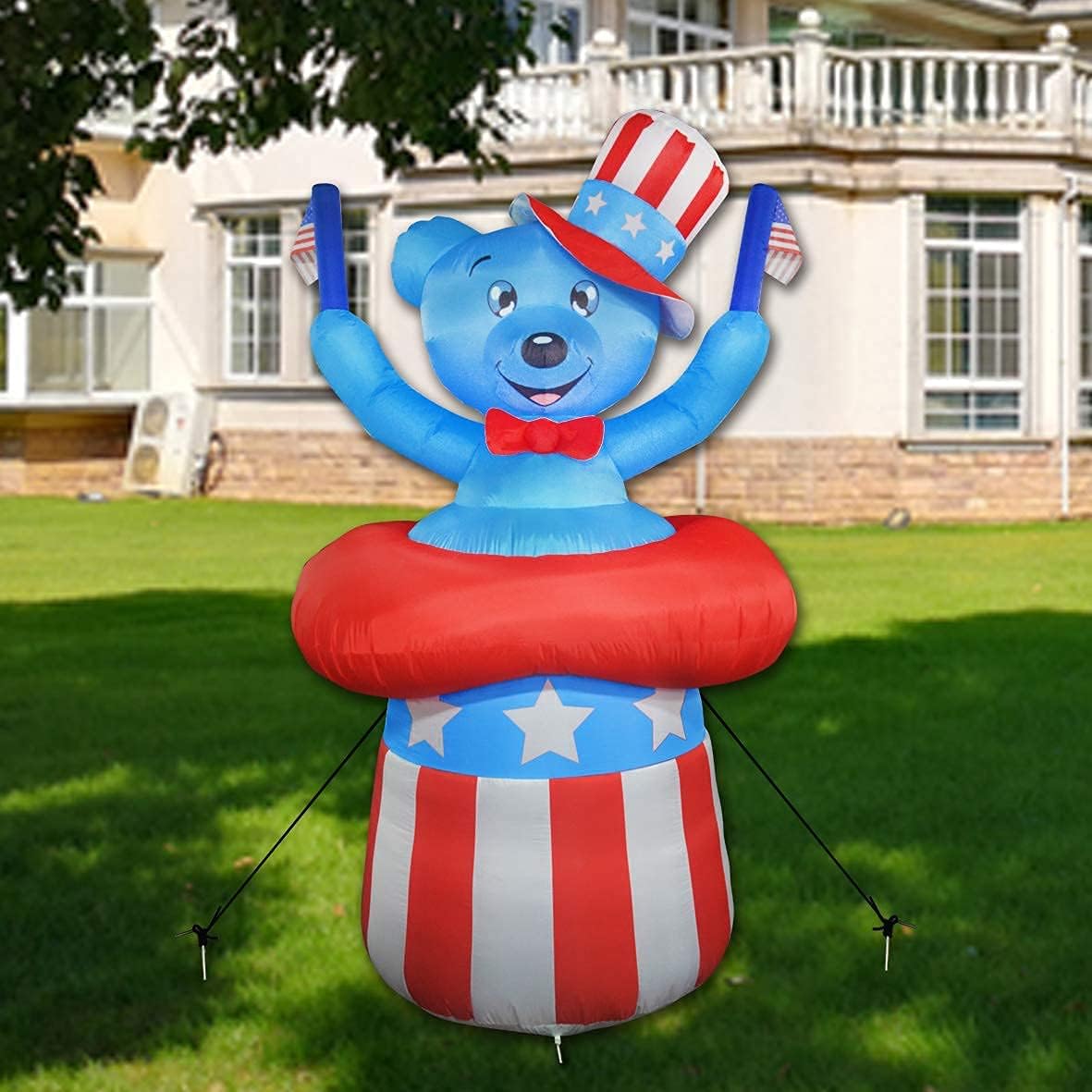 GOOSH 6.5 ft Tall Independence Day Inflatable Bear with Star Spangled Top Hat and American Flag Blowup Inflatables with Build-in LED Lights for Party Indoor,Outdoor,Yard,Garden,Lawn Decorations: Garden & Outdoor