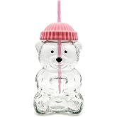 Krewchton Glass Bear Cup,Bear Cup with Straw, 500ml Reusable Bear Glass Tumbler with Lid for Iced Coffee, Milk Tea, and Cocktails, Dishwasher Safe(Pink)