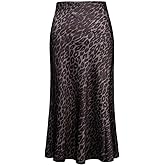 Soowalaoo Womens Leopard Print Skirt Midi Long Length Silk Satin High Waist Elastic Skirts