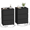 FOTOSOK Black Nightstand Set of 2, 26" H Night Stand Set 2 with Charging Station, Black Night Stand with USB Ports & Power Outlets, Silent Slides, End Side Table Bedside Table for Bedroom