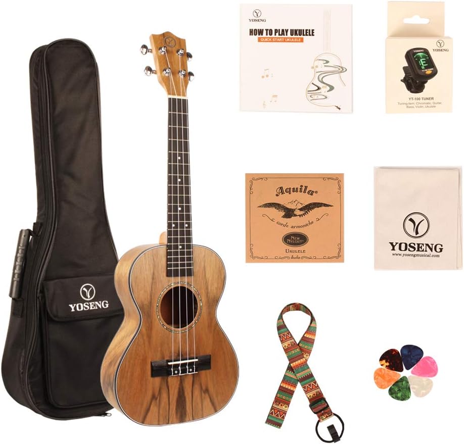 YOSENG Pacific Walnut Wood Ukulele Starter Kit with Aquila Strings, Tuner, Padded Gig Bag (Soprano, Pacific Walnut Wood)