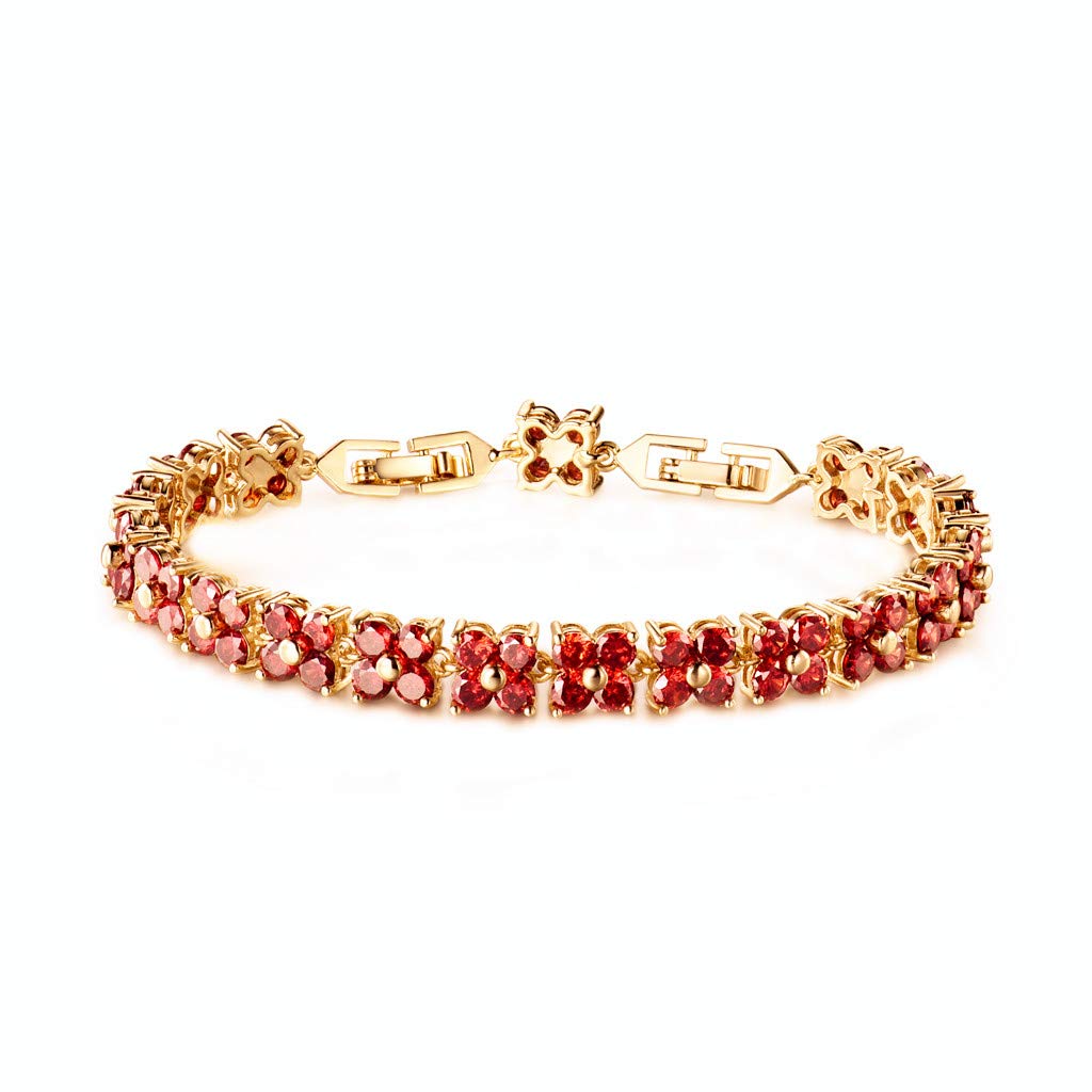 GULICX Fashion Tennis Bracelet for Women Simple Square Elements Crystal Round Crystal Orangey-Red Bracelet Gold Electroplated 18+3CM