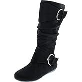 Forever Link Women's Klein-70 Closed Round Toe Buckle Slouch Flat Heel Mid-Calf Boot