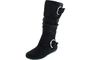 Forever Link Women's Klein-70 Closed Round Toe Buckle Slouch Flat Heel Mid-Calf Boot