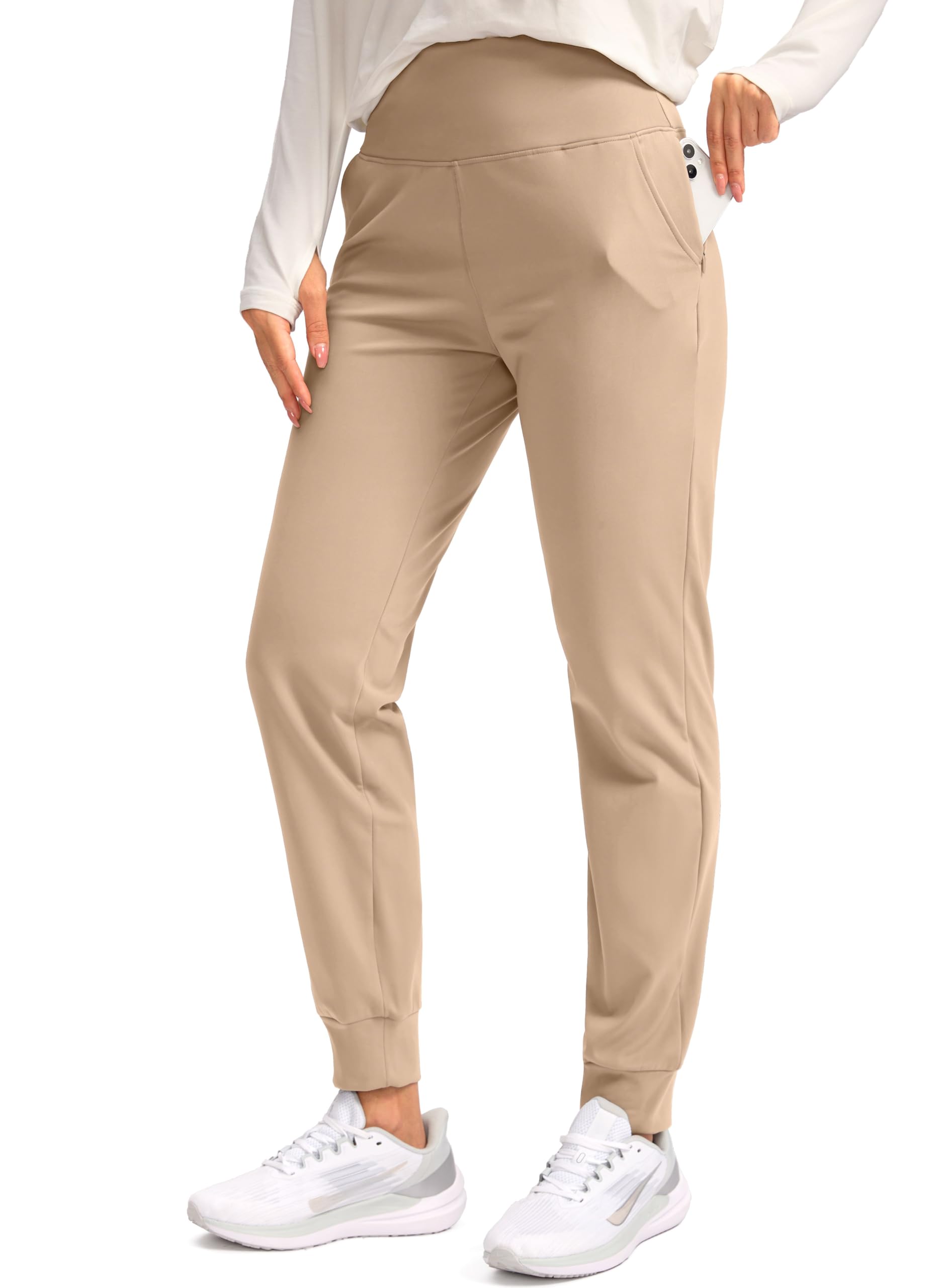 SANTINY Women's Fleece Lined Joggers Water Resistant High Waisted Thermal Sweatpants Winter Pants Hiking Running Pockets(Light Khaki_XL) Image