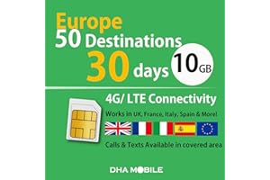 DHA SIM Europe SIM Card 30 Days 10GB | Free Calls & Texts | Works in 50 Destinations (UK, France, Italy, Spain & More) | 3-in-1 | No Activation