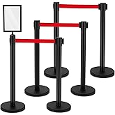 6 Pack Crowd Control Stanchions 9.8 ft Belt Sign Holder, Red Belt, Black | Heavy Duty 31.5 in Stainless Steel Posts with 9.8 ft Retractable Belts, Fillable Bases, 4-way Connectors and Sign Holder