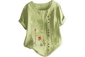 Wkishenl Summer Womens Short Sleeve Cotton Linen Tunic Tops 2023 Flowers Trendy Baggy T Shirts Button Casual Plus Size Blouse