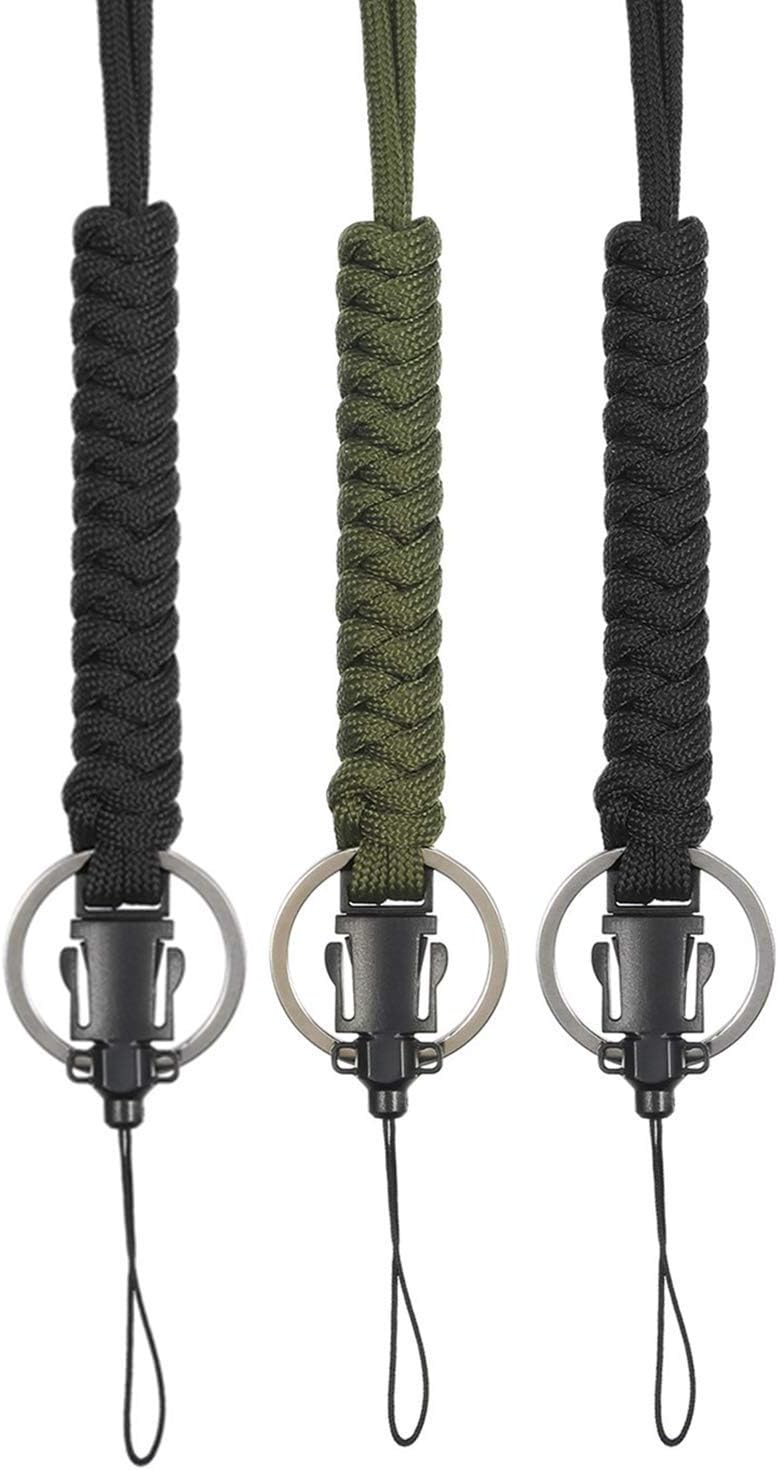 Three Legs Paracord Lanyard Fashion Strong Survival Paracord Lanyard Necklace with Carabiner, Alloy Ring and Clip for Camera, Mobile Phones, Keys, Whistles, Waterproof Case etc. (Black and Olive)