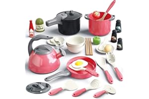 Bruvoalon 32Pcs Kids Play Kitchen Toys Set, Toddlers Pretend Cooking Playset Acccessories with Pots Pans, Utensils Cookware, 