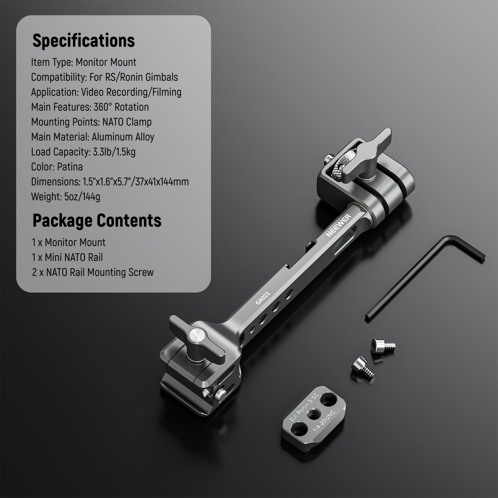 NEEWER NATO Monitor Mount for RS Gimbal, 360° Rotatable Field Monitor Holder with NATO Clamp, Cold Shoe, 1/4