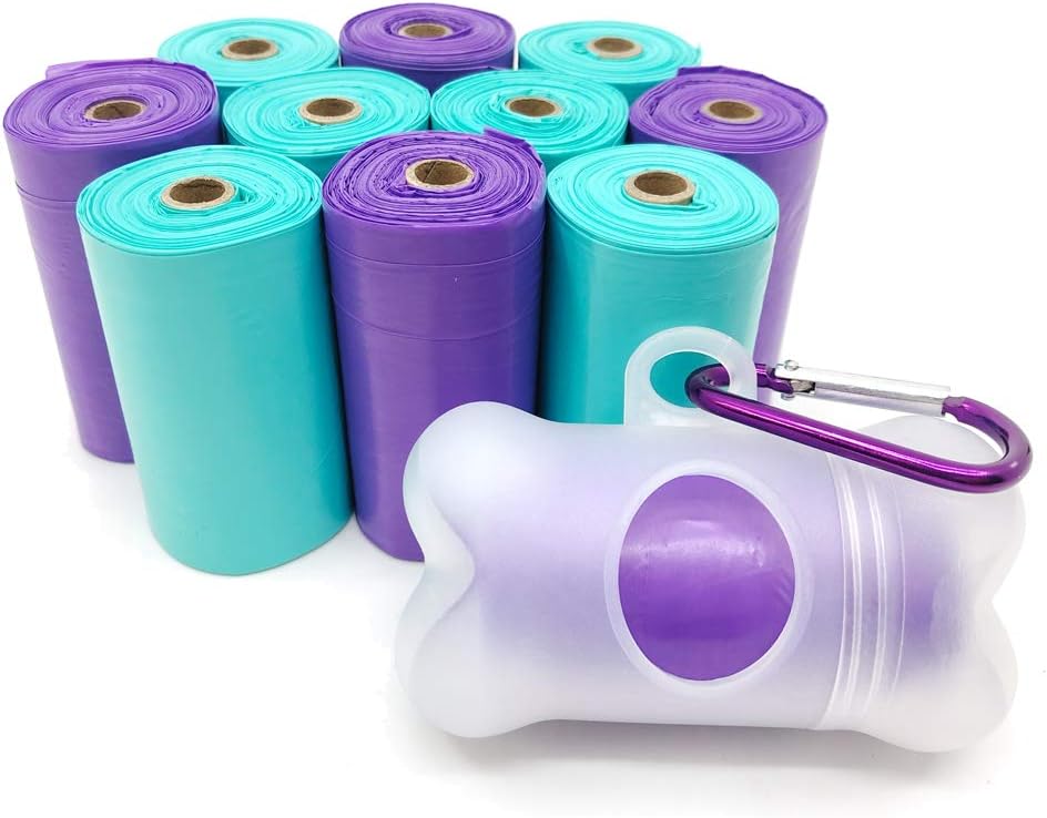 Dog Poop Bags AOKOYO Leak-Proof Dog Waste Bags Clean up Pet Poo Bag Refills 10 Rolls / 150 Count (Greenish-Blue) EPI Biodegradable Unscented Doggie Bag with Free Bone Dispenser