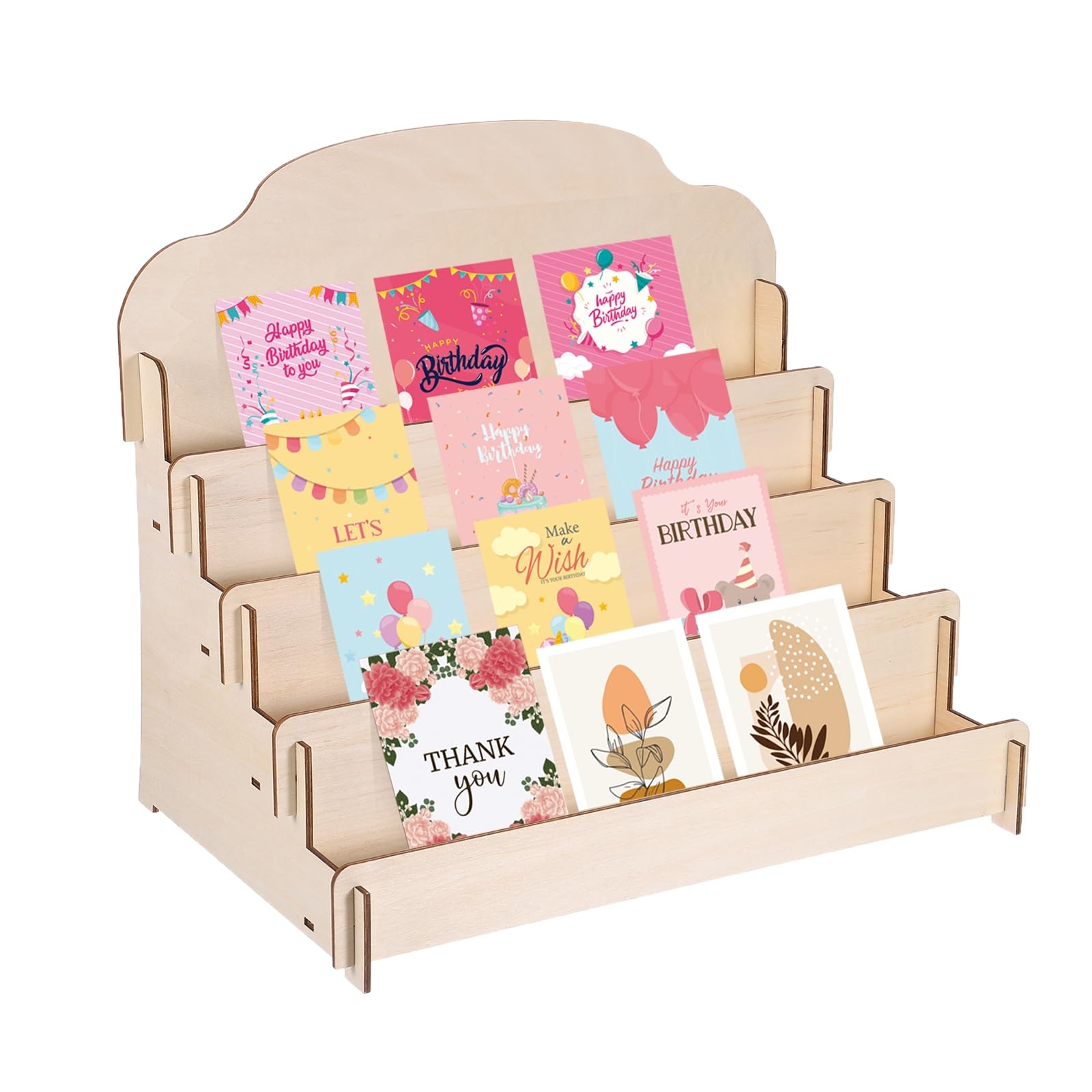 PATIKIL Greeting Card Display Stand, 4 Tiered Sticker Display Holder Portable Postcard Display Stand Wooden Greeting Card Display Rack for Card Photo, 15.8 x 10.4 x 14.2, Beige