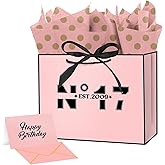 Ranfashiong Large 13" Pink 17th Birthday Gift Bag with Tissue Paper Bow Ribbon and Card, for Women Girls Anniversary Party Present (EST.2009 17st)