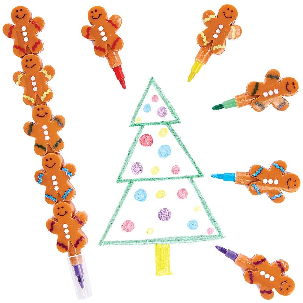 Baker Ross FX440 Gingerbread Man Pop a Crayons - Pack of 6, Xmas Party Bag Fillers for Kids, Kids Colouring Crayons, Stacking Crayon