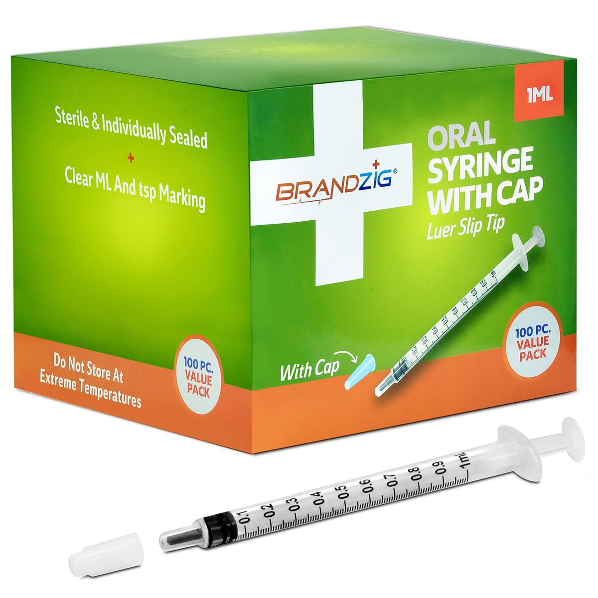 Photo 1 of 1ml Syringe with Cap (100 Pack) | Oral Dispenser Without Needle, Luer Slip Tip, | Sterile Individually Wrapped Medicine Dropper for Infants, Pets and Colostrum Collector