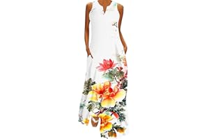 Attine Summer Maxi Dresses for Women Plus Size Boho Floral Dress V Neck Sleeveless Long Dress Casual Holiday Sundress Pockets