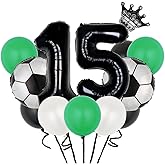 Soccer Balloons Set 15th Birthday Decoration,14 Piece Soccer Themed balloons,Number 15 number Foil Balloon Football Mini Crown Black Latex Balloons for Birthday Soccer Sports Themed Party Supplies