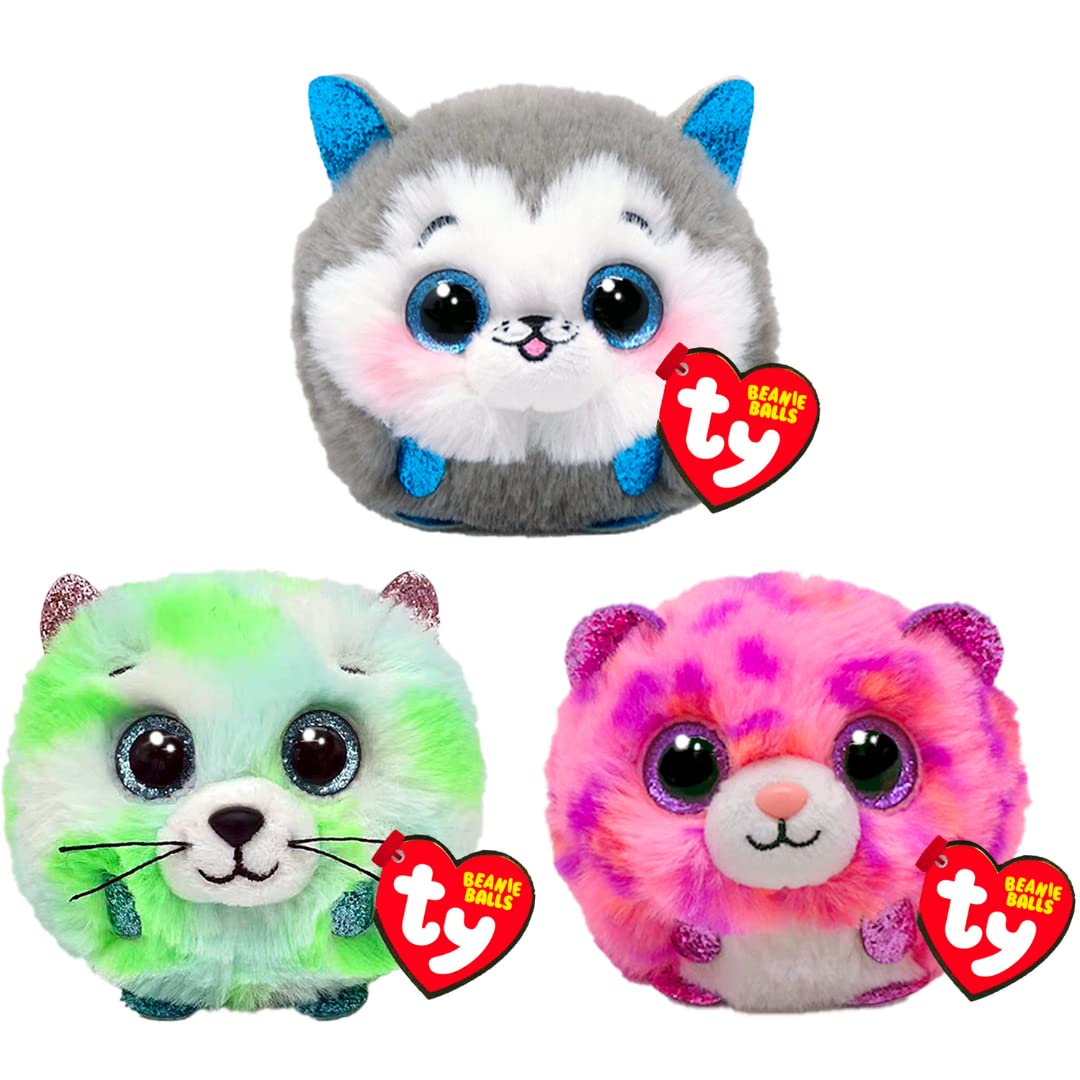 TY Puffies Evie, Slush, Topaz 3-Piece Set - Soft Plush Bouncy Toy for Kids - Collectible Stuffed Animal - Round Plush Teddy - Cuddly Toy Lands on Feet - Soft Toy Plushies for Children