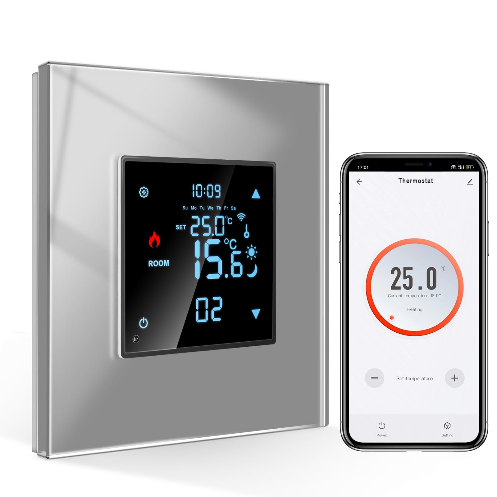 CNBINGO Smart Thermostat Flush-Mounted with Crystal Glass Panel WiFi Digital Room Thermostat Compatible with Alexa Echo, Google Assistant, 16 Amp, Grey