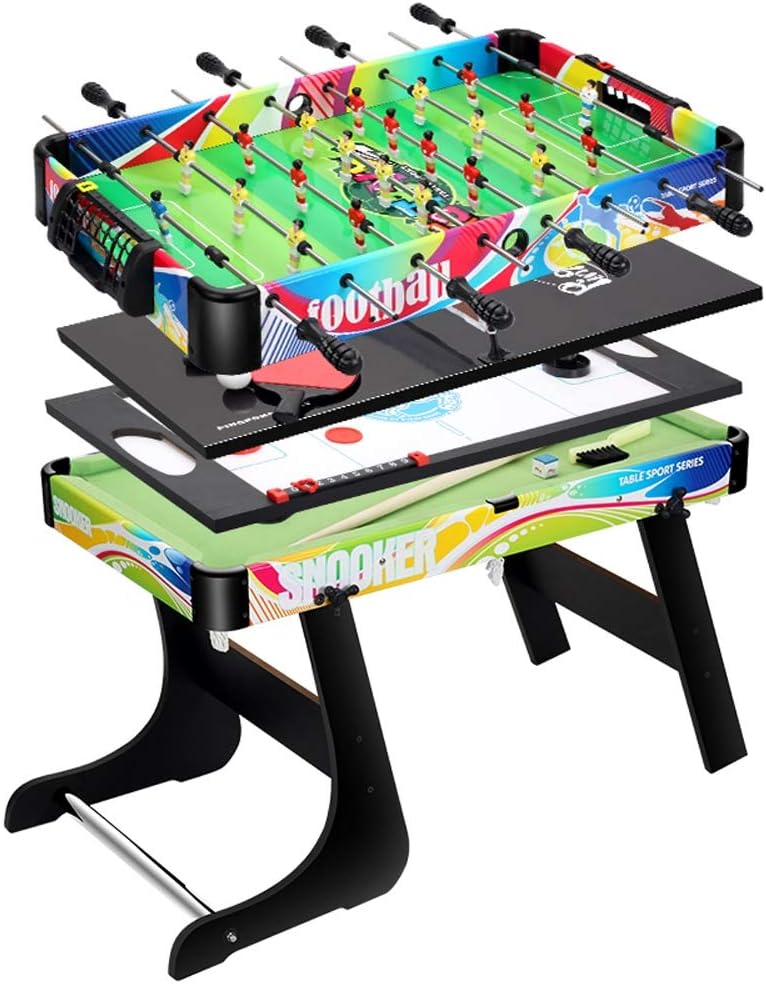 Piarner Four in One Children's Pool Table Combination Foldable Game Table for Adult and Kids Foosball Table/Billiards/Hockey/Table Tennis Multifunctional Tabletop Wooden Toy