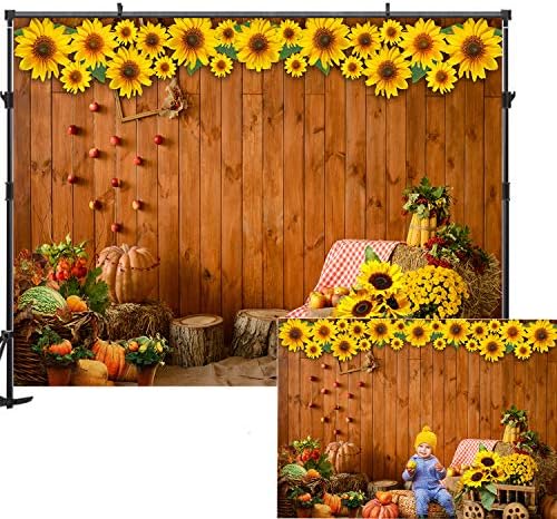 Allenjoy Fall Thanksgiving Backdrop 7x5ft Harvest Autumn Pumpkins Sunflower Photography Backdrop Rustic Wooden Floor Photography Background Barn Harvest Baby Portrait Party Decoration Photo Studio