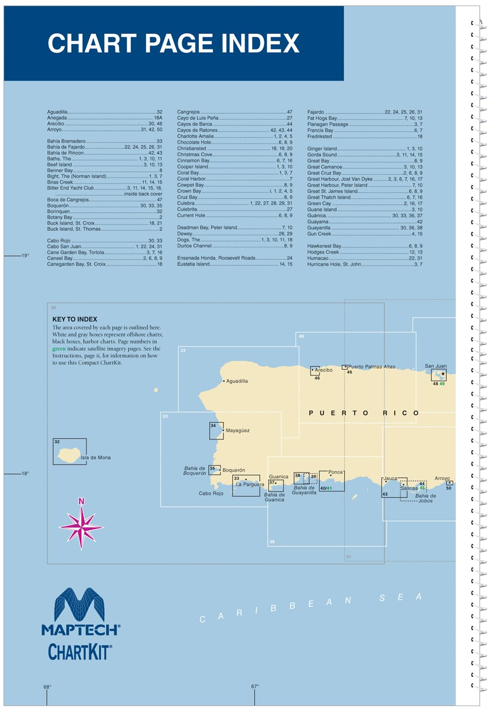 MAPTECH Compact ChartKit and Cruising Guide, Virgin Islands and Puerto Rico, 8th Edition, 100 Pages Full-Color Charts, Spiral Bound, 18